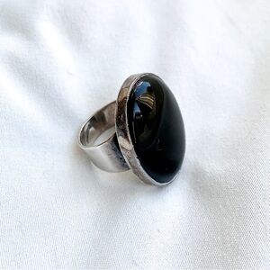 vintage black onyx oval sterling silver ring adjustable boho indie